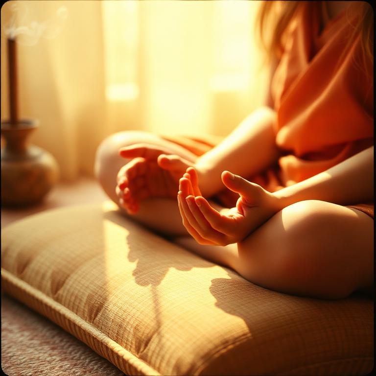 Mains d'enfant en méditation sur un coussin, lumière douce
