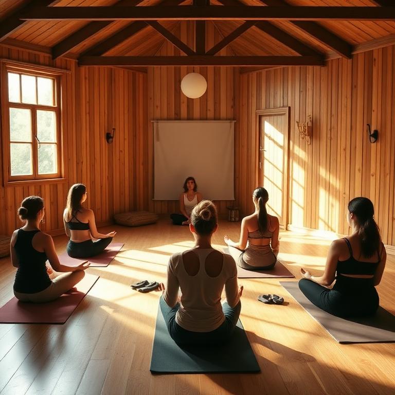 Petit groupe en méditation dans un studio de yoga en bois